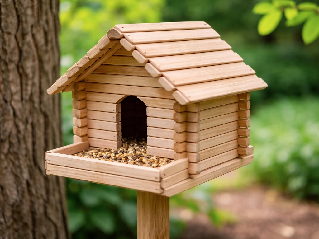 Homemade ice-cream-stick birdhouse outdoors with pitched roof and natural wood textures.