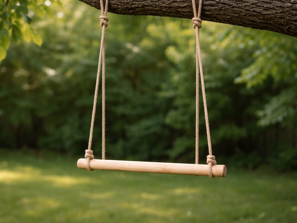 Homemade bird swing with natural wood perch and rope hanging from a backyard tree branch.
