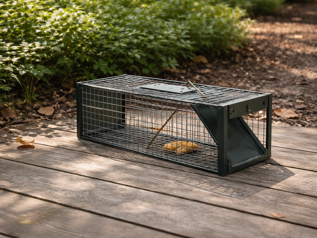 Outdoor trap box placed on a flat surface in light shade near dense cover where birds forage.