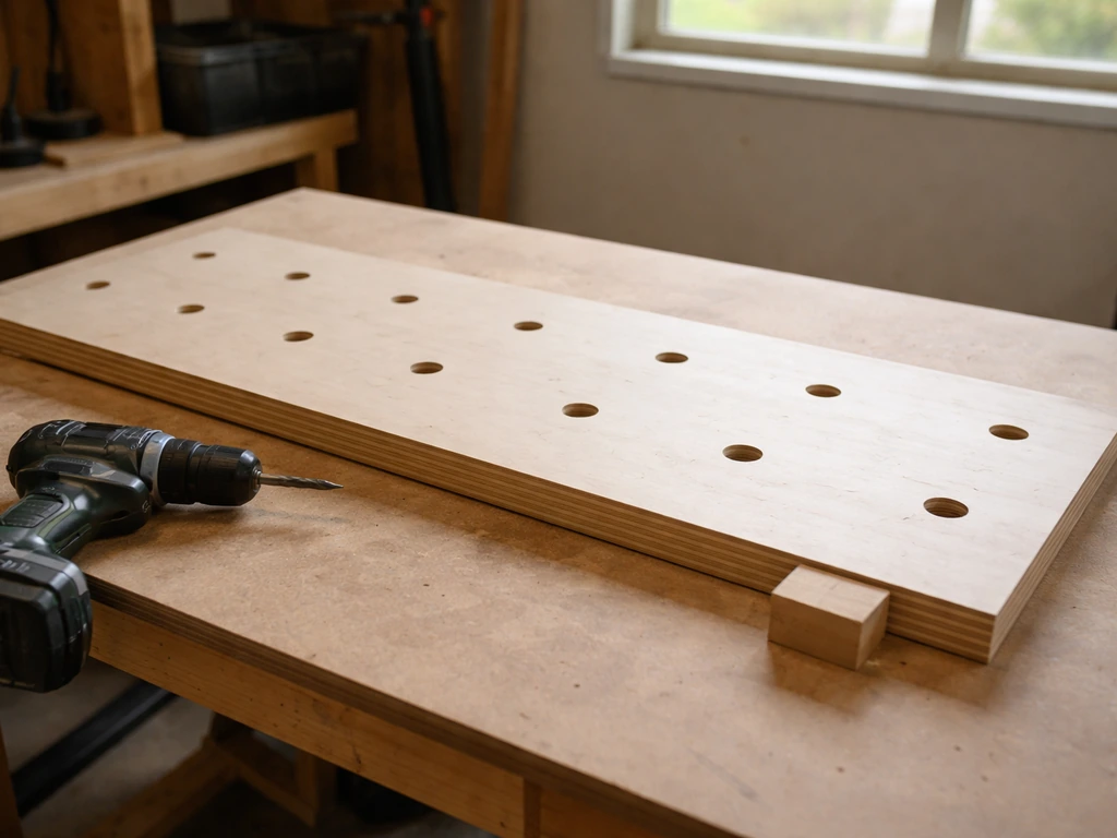 Flat wooden front panel on a workbench with drilled entrance and ventilation holes and pencil center marks.