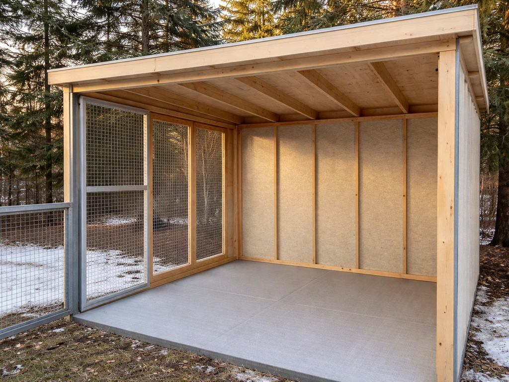 Bright finished DIY bird aviary showing insulated walls and roof with sheathing in place.