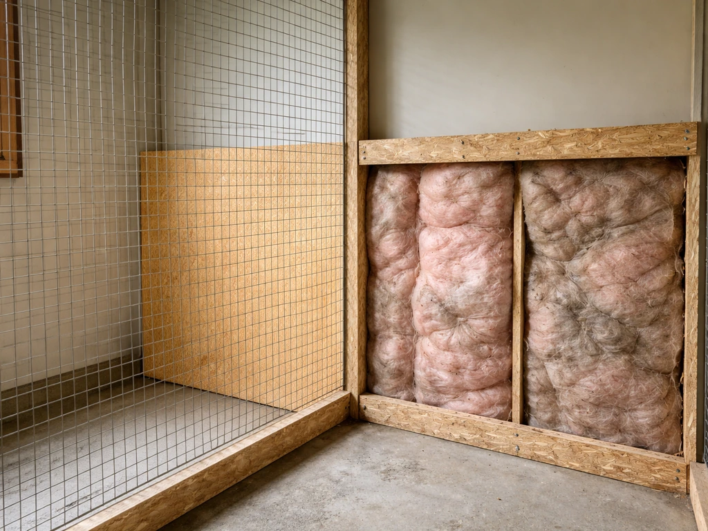 Bird-aviary corner with safely covered insulation beside a clearly enclosed unsafe fiberglass area