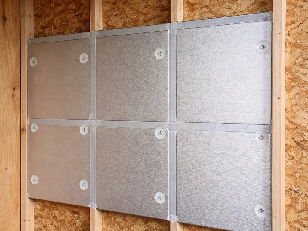 Close-up of closed-cell foam board insulation sandwiched behind plywood/OSB with taped seams and fasteners