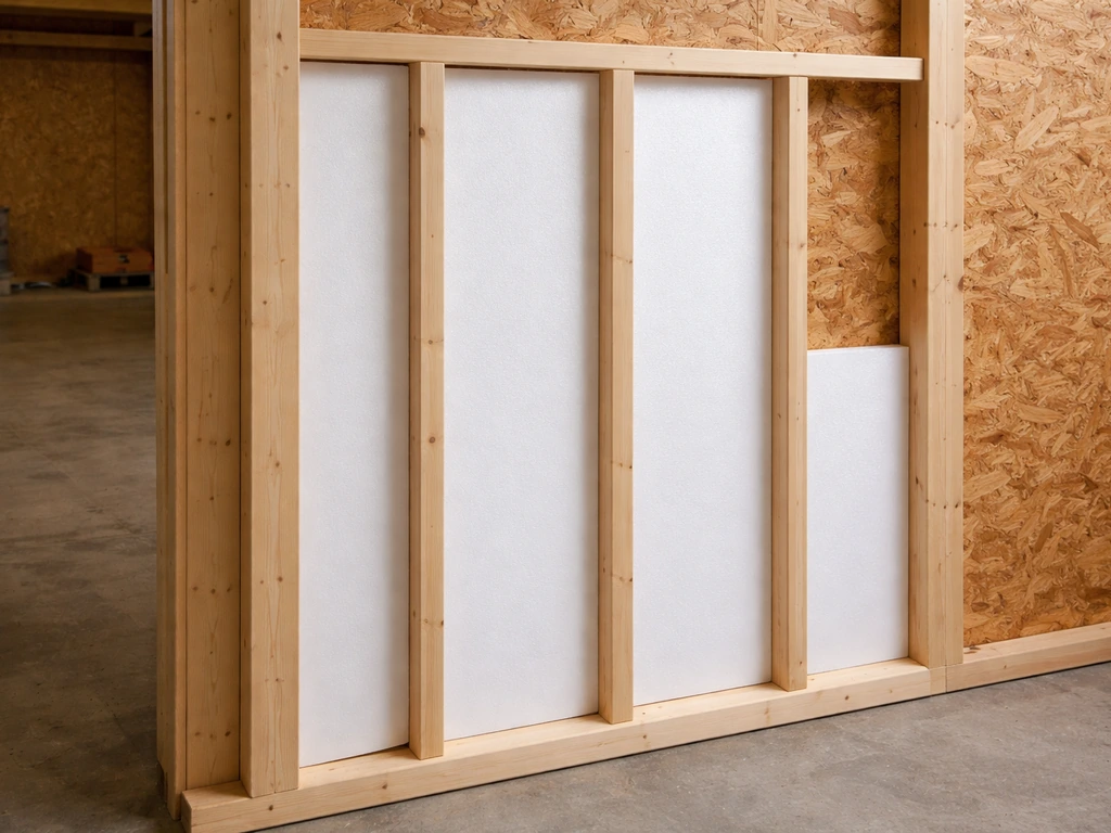 DIY framing bay with rigid foam board fitted between studs and covered with plywood/OSB sheathing