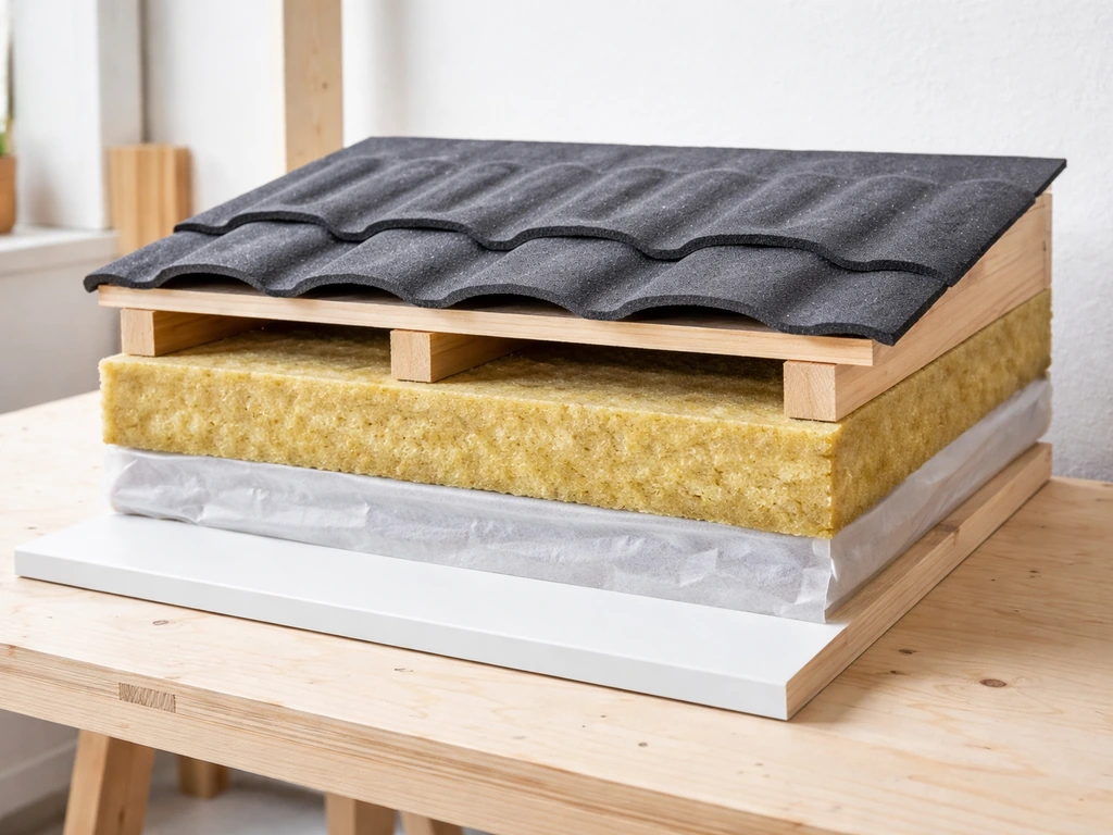 Close view of layered roof insulation cross-section with waterproof layer, vapor barrier, and ceiling finish.