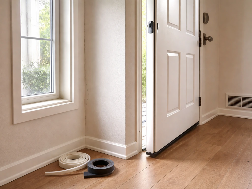 Minimal photo of a door frame, window edge, corner gap, vent opening, with visible draft-prone gaps and sealing.