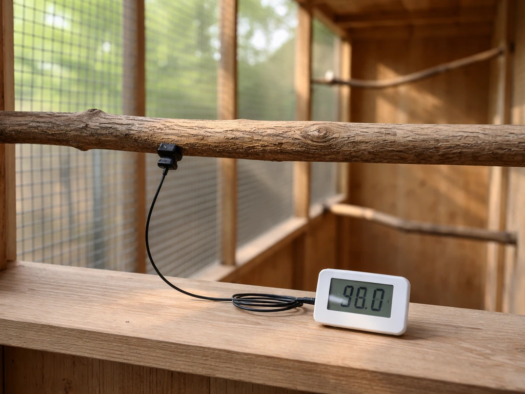 Digital min/max thermometer probe clipped inside an empty aviary at perch height, showing insulation monitoring setup.