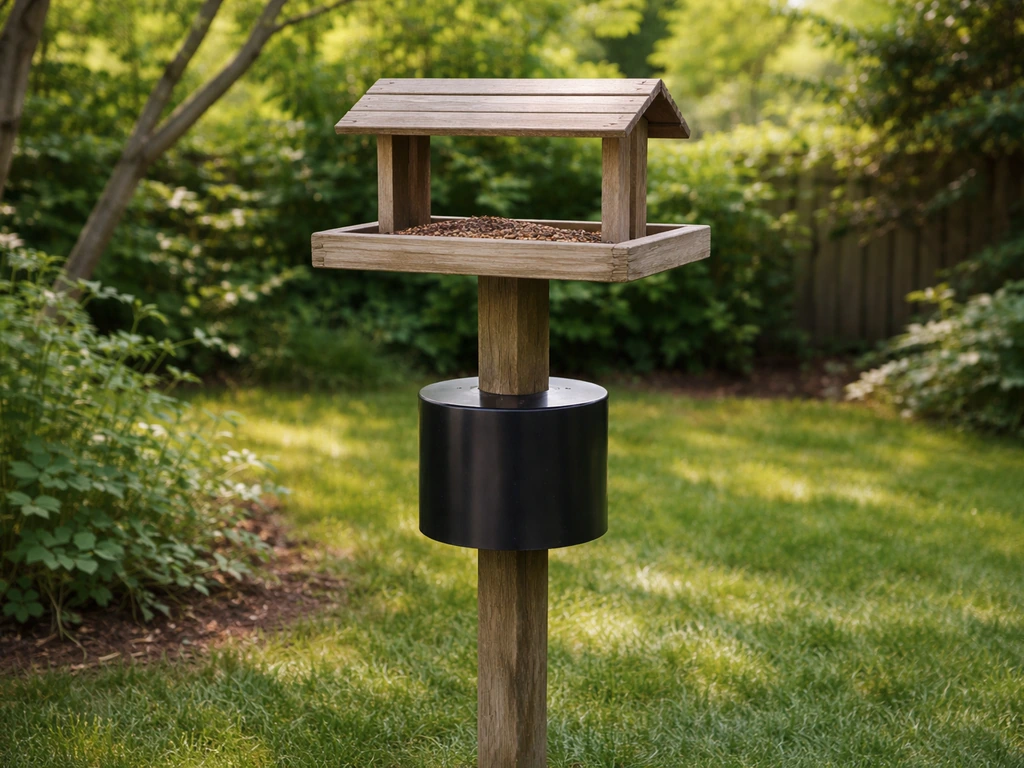 Completed cat-proof bird table in a garden with a visible baffle and raised feeding surface