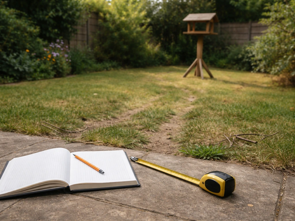 Notebook and measuring tape beside a wooden bird table with nearby yard paths suggesting cat approach lines.