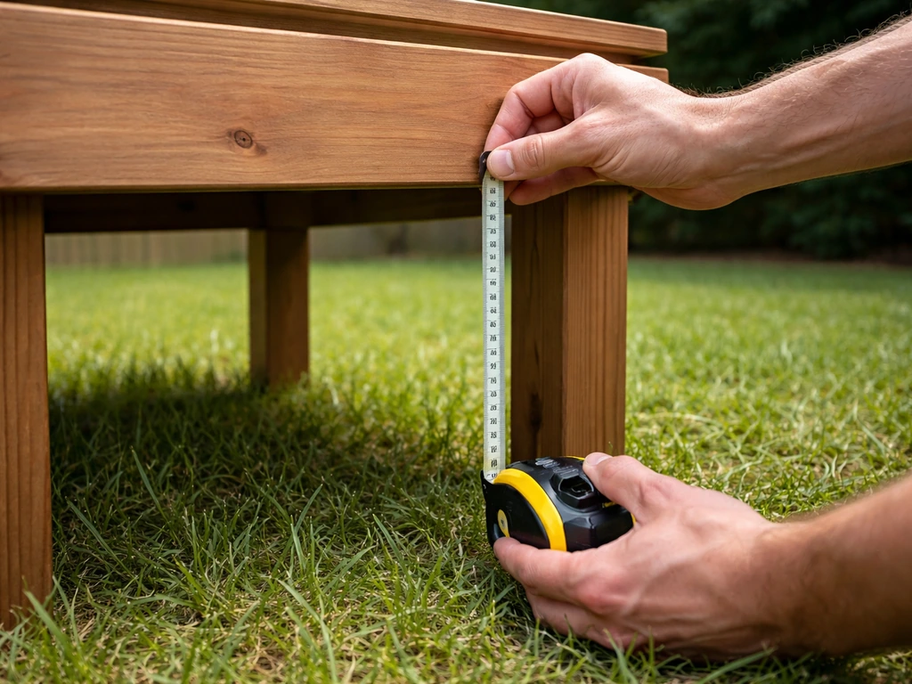 Close-up checking a raised outdoor feeding table height, showing underside gaps and clearance above grass.