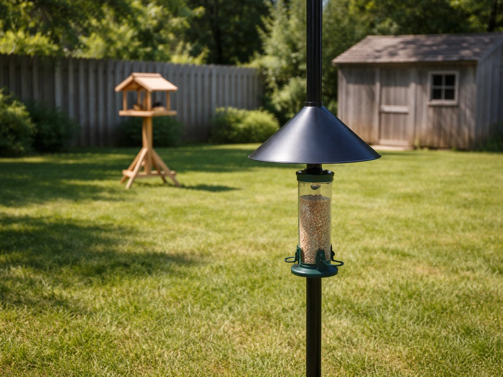 Bird table on open grass with a post baffle and feeder mounted, clear space from fence and branches.