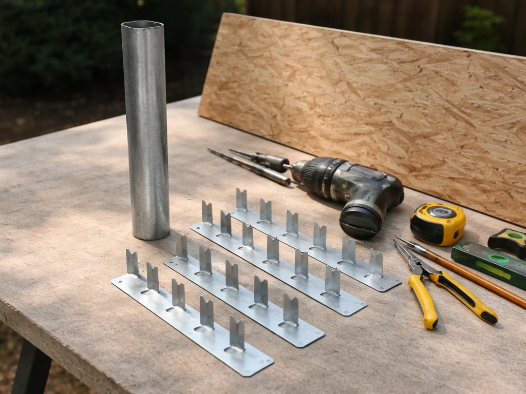Close-up of DIY tool setup with cut plywood, metal fence post, flashing pieces, and drill bits on a workbench.