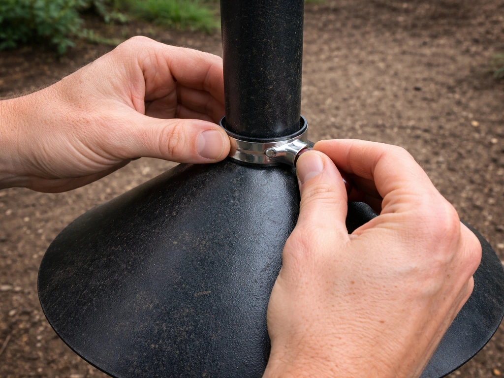 Hands inspecting a hose clamp and cone baffle on a bird feeder post in a clean garden area.