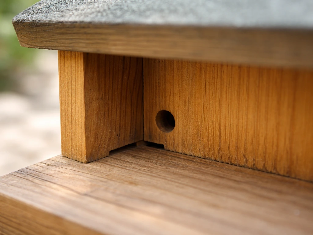 Close-up of a nest box corner with small ventilation and drainage openings under an overhanging roof.