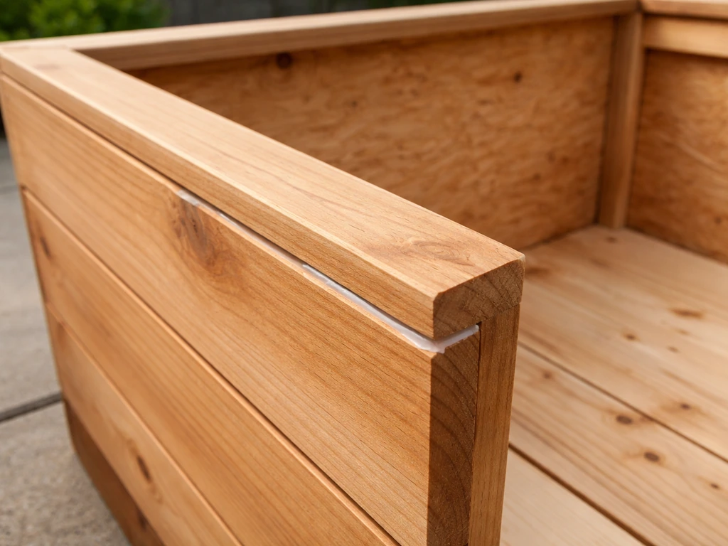 Close-up of a wooden outdoor box exterior seams with waterproof wood glue, interior left rough unfinished.