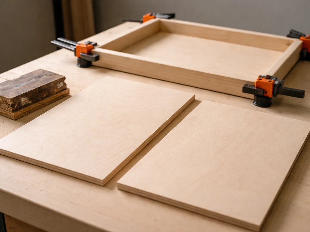 Close-up of a wood tray frame being assembled on a workbench with sanded boards and clamps.