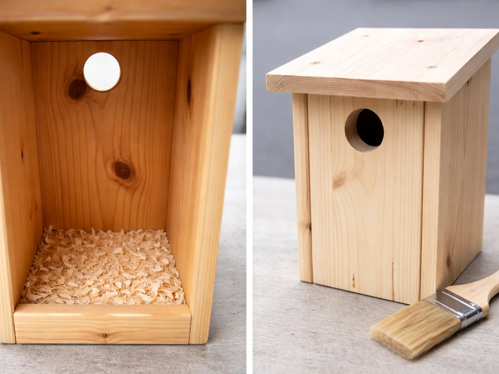 Birdhouse box interior left bare cedar, exterior prepped for paint on right, side-by-side comparison.