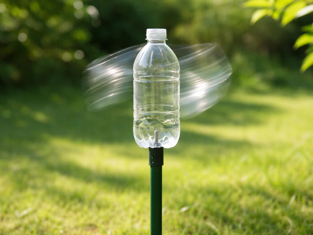 DIY plastic-bottle bird scarer fluttering on a garden stake in sunlight.