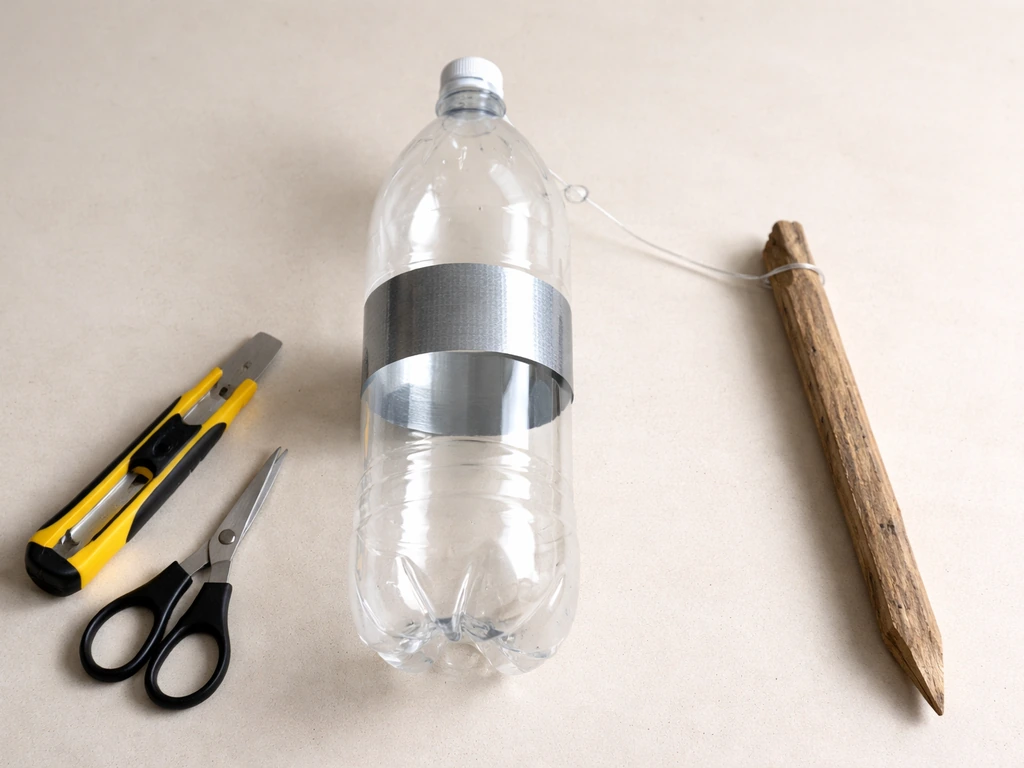 Minimal DIY tool setup: 2-liter clear plastic bottle, reflective tape, cord, stake, and simple tools on a work surface.