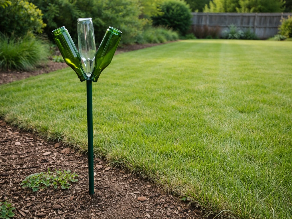 Bottle scarer stake planted at the upwind edge of a garden, with the protected area visible.