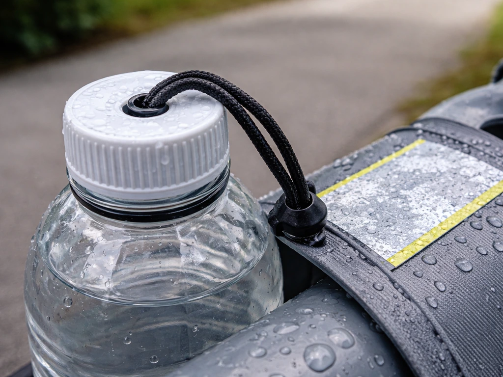 Close-up of a bottle cap cord connection and reflective tape edges firmly pressed after rain
