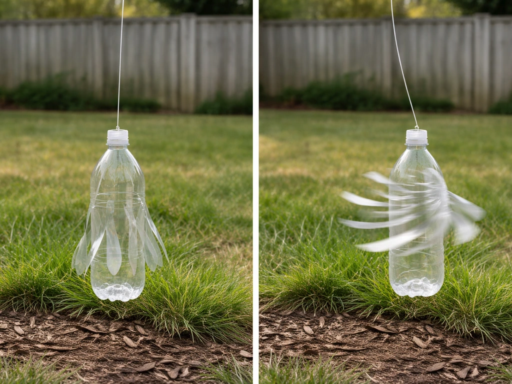 Two backyard wind-bottle deterrents: one hanging still, the other spinning with taut line and angled setup.