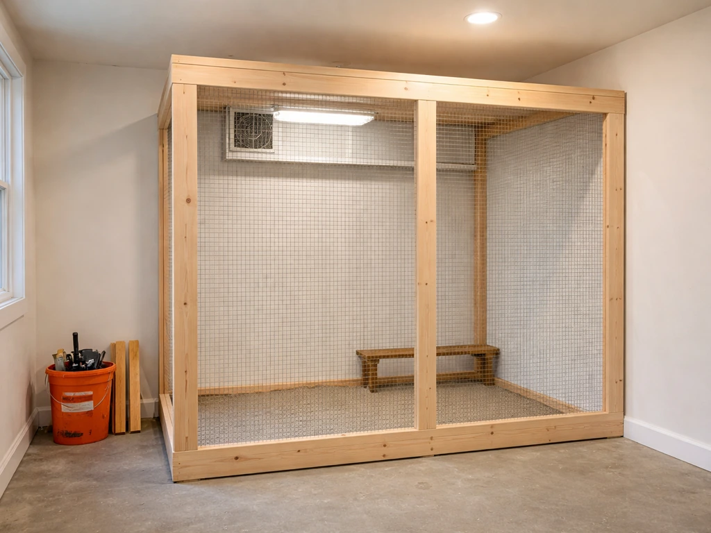 Indoor bird room under construction with secured wire mesh walls, ventilation/lighting, and organized interior layout.