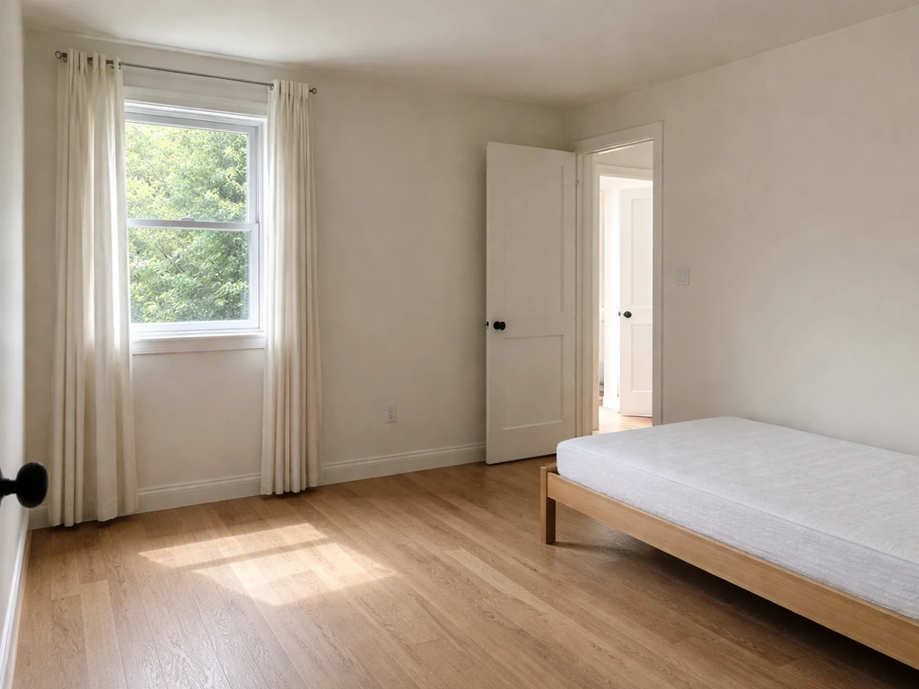 Bright spare bedroom corner with window light and clear floor space away from the kitchen