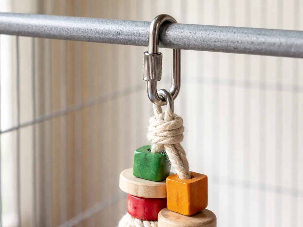 Close-up of a stainless steel quick link and a hanging toy attached to cage bars with no pinch points.