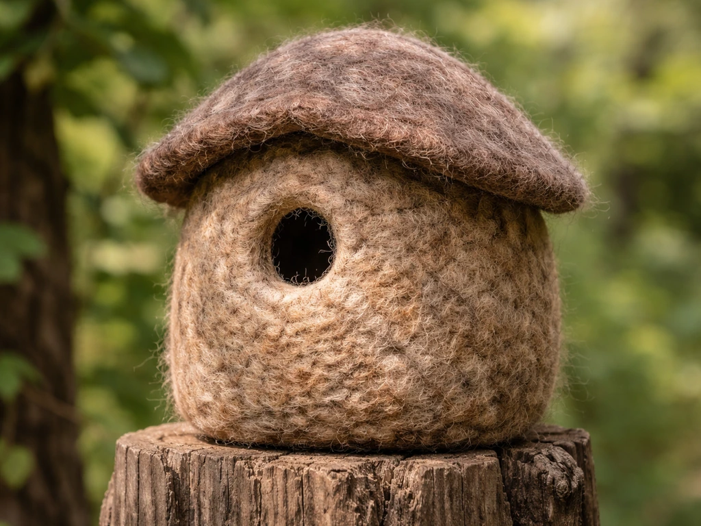 Finished felted wool bird house perched on a tree branch in natural outdoor light.