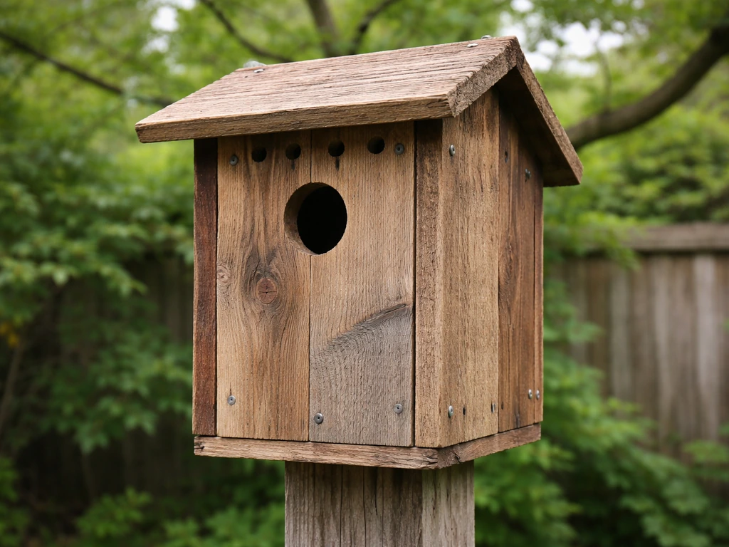 Finished recycled bird house on a post, showing entrance hole, sloped roof, and drainage detail.