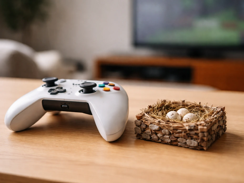 Minimal scene of a game controller on a simple desk with a small Minecraft-style bird nest model nearby.