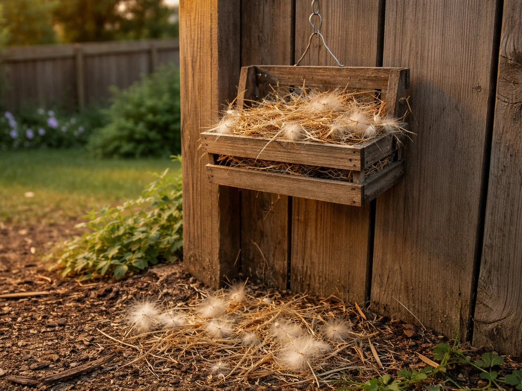 A hanging wooden nesting-fiber holder with dry grass and cattail fluff in a quiet backyard setting.
