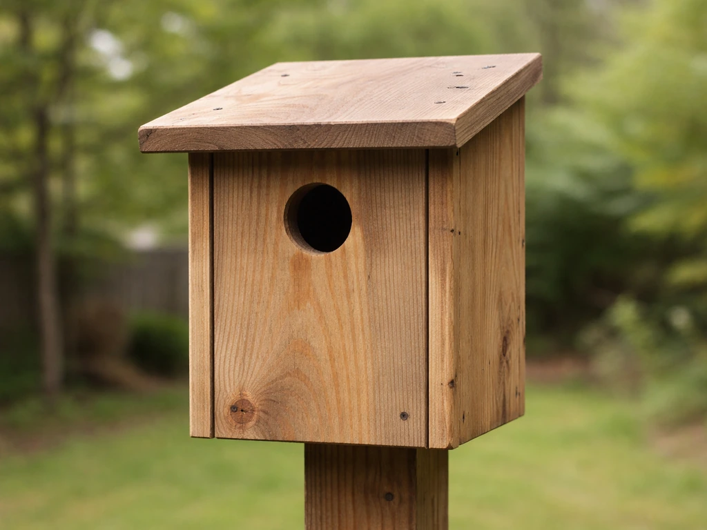 Finished DIY finch bird house outdoors, clearly showing the 2-inch round entry hole on the front.